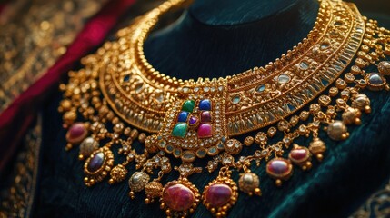 Gold necklace adorned with Indian traditional designs and colorful gemstones, displayed on a velvet background, capturing luxury and elegance