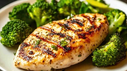 Golden roast chicken breast, grilled to perfection, served with crisp salad greens and tender broccoli. A wholesome, health-conscious meal focused on nutrition