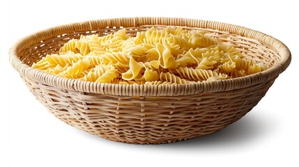 Poster - Delicious Uncooked Pasta in a Bamboo Serving Bowl isolated on white background : Generative AI