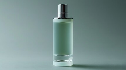 Scent of Serenity: A frosted glass perfume bottle, capped in silver, stands elegantly against a muted teal backdrop, promising a refreshing and sophisticated fragrance. 