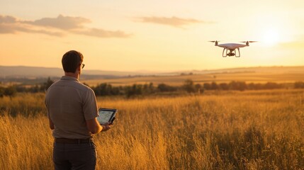 people participating in drone technology, using drones for mapping, photography, or delivery services in a clean, open outdoor environmen