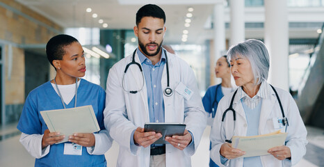 Poster - Walking, tablet and doctors in hospital in discussion for medical service, consulting and surgery schedule. Healthcare, clinic and men and women on digital tech for telehealth, website and research