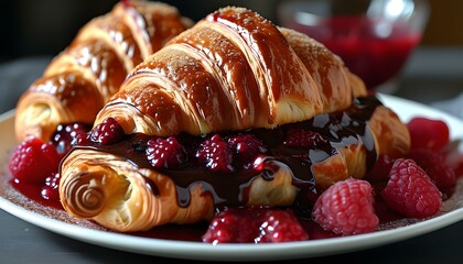 decadent close-up of homemade croissant drizzled with rich chocolate sauce and topped with fresh raspberry fruit