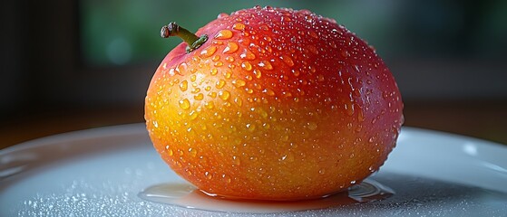 Wall Mural - A single red and yellow fruit with water droplets on it, sitting on a white plate.