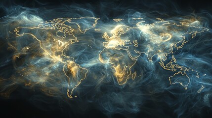 Abstract world map formed by glowing smoke on a dark background.