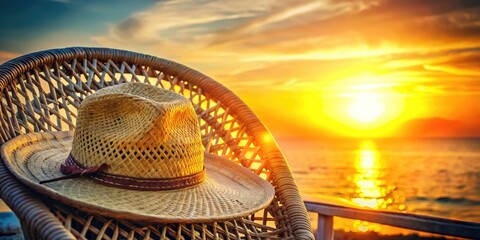 Wall Mural - Straw hat resting on a chair against a serene sunset.