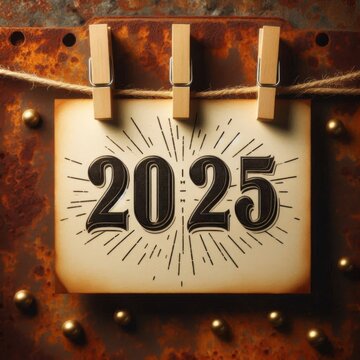 2025 written on cards pinned to a string with a vintage rusty background