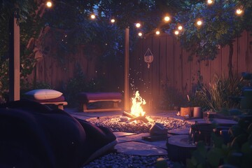 A Serene Campfire In A Backyard With Comfortable Seating, Cozy Blankets, And Soft Ambient Lighting Creating A Relaxing And, Generative AI