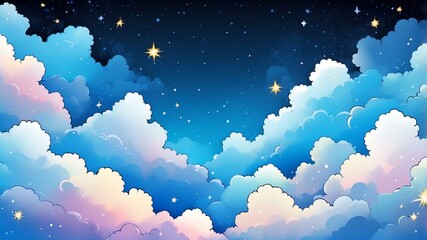 Wall Mural - pink fluffy clouds colorful background with sparkling gold stars, comic art style