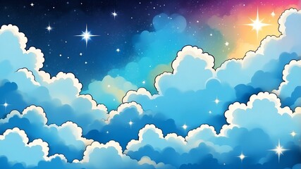 Wall Mural - blue fluffy clouds colorful background with sparkling gold stars, comic art style