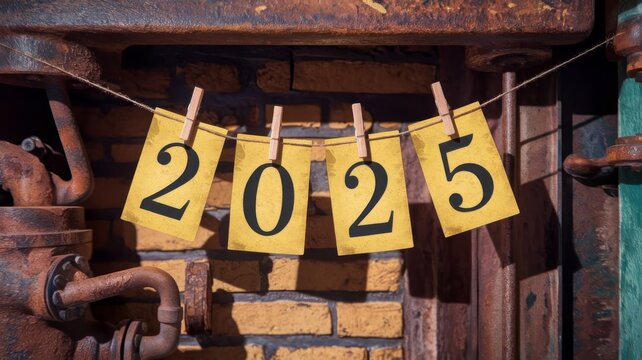 2025 written on cards pinned to a string with a vintage rusty background