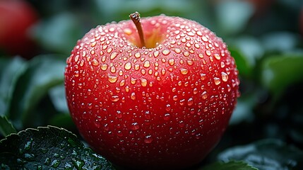 Wall Mural - A single, ripe red apple covered in dew drops, surrounded by green leaves.