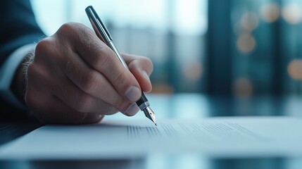 A close-up of a business professional writing on a document using a pen, symbolizing diligence and attention to detail in the workplace.