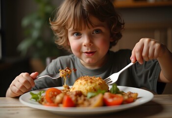 Young Boy Enjoying a Hearty Meal