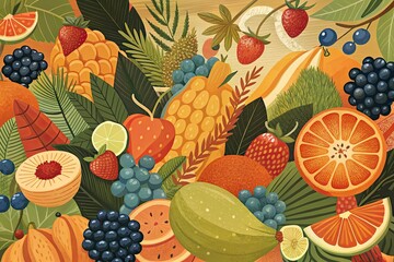 Colorful fruit pattern with vibrant berries and citrus.