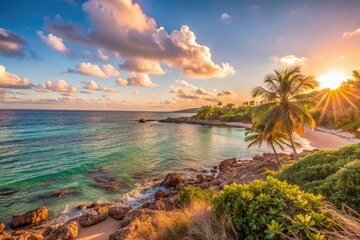 Tropical beach at sunset with palm trees and calm waves.