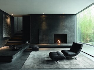 Poster - Modern minimalist living room with black furnishings, large windows, and a cozy fireplace in a contemporary home. Generative AI