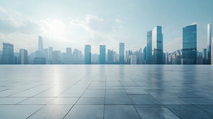 Empty square floor with modern city commercial buildings scenery. Panoramic view. generative ai