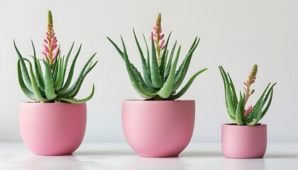 Wall Mural - Vibrant aloe vera plant in a stylish pink pot against a clean white backdrop, ideal for enhancing indoor spaces and promoting natural skincare.