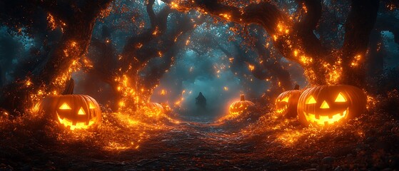 Wall Mural - A spooky path through a forest with glowing jack-o-lanterns.