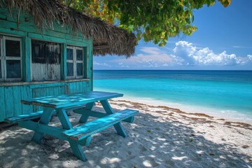 Empty blue picnic table on the beach in front of a beach shack overlooking turquoise water