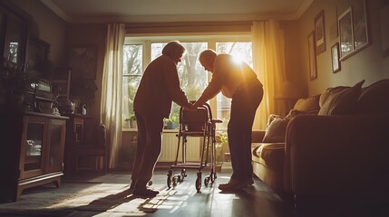 Caregiver Assisting Elderly Man with Walker at Home