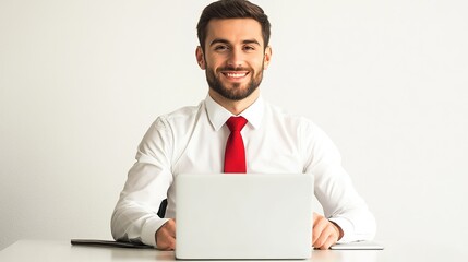 Smart business men wearing a red tie, sitting behind a laptop on a white desk