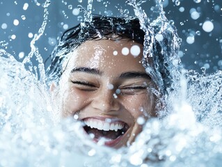 Birds-eye view of a refreshing water splash hitting a joyful face, photorealistic detail, crisp clarity, play of light and water droplets, dynamic and invigorating