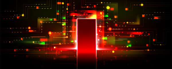Poster - Futuristic open door with digital technology neon light pattern on wall. Realistic 3d vector illustration of portal to tech future with opportunities. Abstract metaverse teleport gate with glow effect