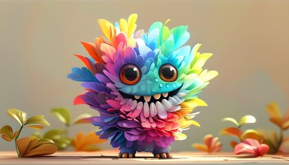 Playful rainbow-colored monster leaf with a cheerful smile, embodying kawaii charm and vibrant colors, ideal for childrens room and nursery decoration.