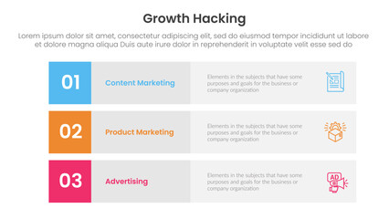 Poster - growth hacking infographic 3 point with 3 block row rectangle content stack for slide presentation