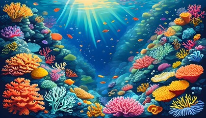 Wall Mural - Vibrant underwater paradise showcasing colorful coral reefs and diverse marine life in a stunning illustration