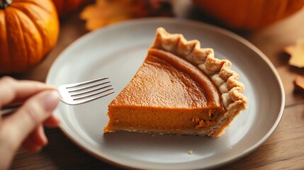 Delicious pumpkin pie slice on a plate, perfect for autumn celebrations and festive gatherings with friends and family.