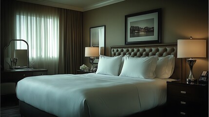 A well-appointed hotel room with a king-size bed, two nightstands, and a large window with curtains.