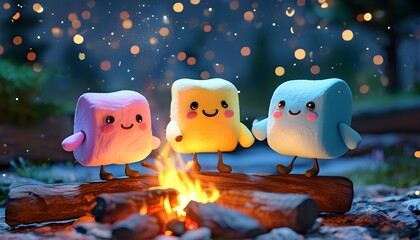 Wall Mural - Whimsical marshmallow characters roasting by a campfire during a cozy camping night under a starlit sky