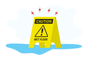 Caution wet floor, slippery way after cleaning. Warning sign on slick wet floor, printable sign template isolated on white background.