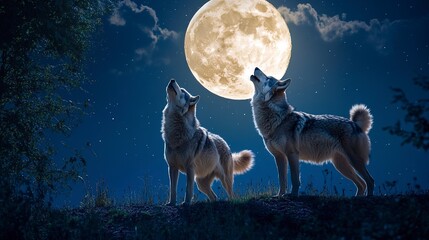 Canvas Print - Three Wolves Howling at the Full Moon 