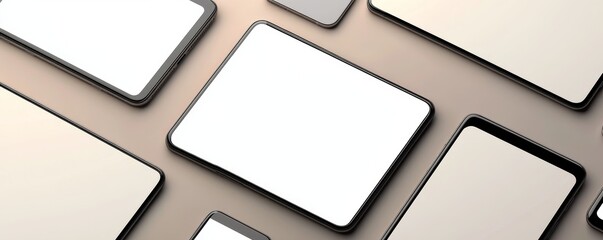 A flat lay of multiple modern tablets with blank screens, showcasing a sleek and minimalistic design for tech-related themes.
