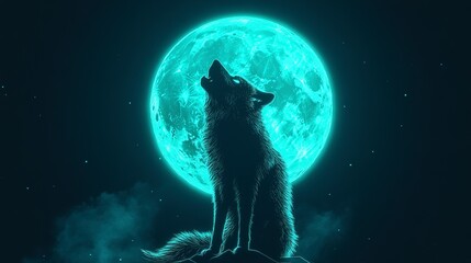 Wall Mural - Neon-highlighted silhouette of a wolf howling at the moon 