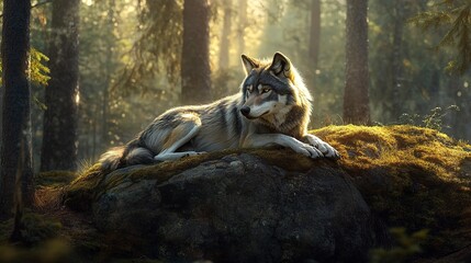 Sticker - A Lone Wolf Rests Near a Forest Boulder, Merging with the Natural Solitude