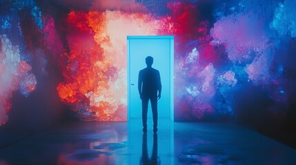 Poster - A man stands in front of a door in a room with a blue light. The room is filled with bright colors and the man is looking through the door 