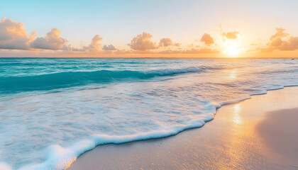 Crystal-clear turquoise waters with gentle waves lapping at a pristine beach under a golden sunset