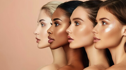 Diverse women showcasing cosmetic skincare and makeup in a studio setting