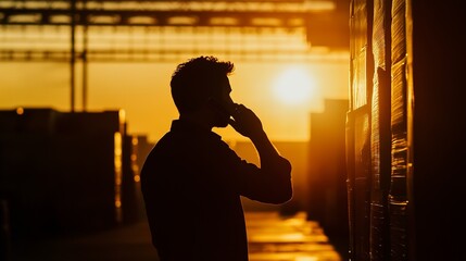 Canvas Print - Silhouette of a man on a phone call in a warehouse at sunset.