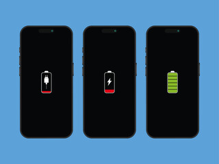 Poster - Three Smartphones Featuring Energy Icons: Low Battery, Charging, and Full Charge Vector Illustration in Flat Design