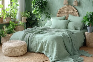 Poster - Cozy bedroom decorated with green linens and abundant indoor plants in a tranquil setting. Generative AI