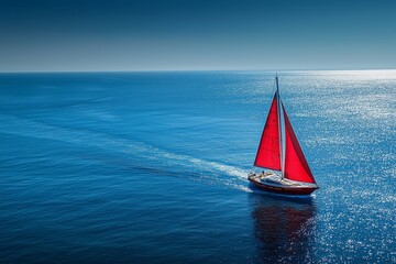 The red sailboat contrasts with the blue sea in sunshine