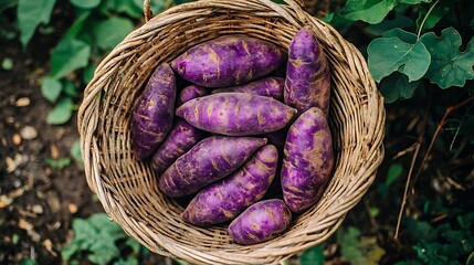 A wicker basket filled with fresh, vibrant purple sweet potatoes, resting on a bed of green leaves.