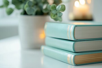 Poster - Three stacked teal books beside a simple plant and glowing candle in a softly lit indoor setting during daytime. Generative AI