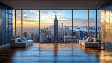 Wall Mural - A spacious living room with floor-to-ceiling windows offers a breathtaking view of the city skyline at sunrise.